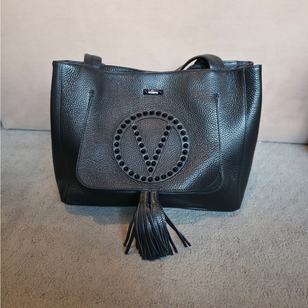 Valentino Black Leather Shoulder Bag with Studded V and Tassel